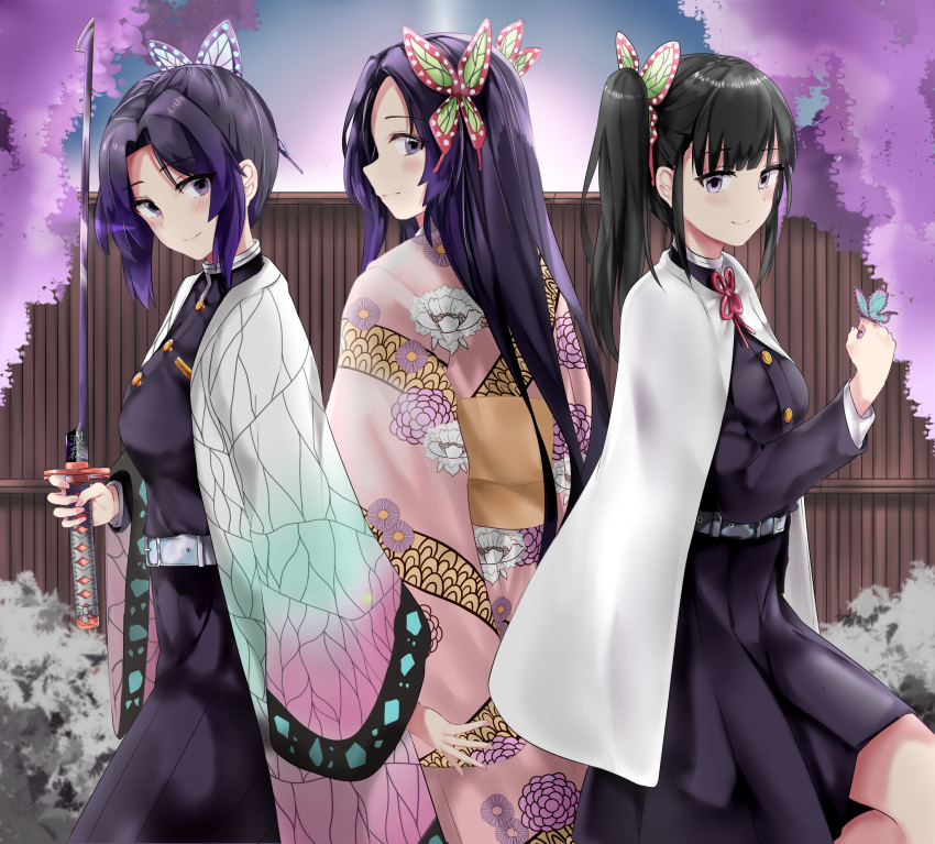 3girls animal animal_on_hand bangs black_hair black_jacket black_skirt blush butterfly_hair_ornament butterfly_on_hand character_request closed_mouth commentary_request day eyebrows_visible_through_hair fence fingernails floral_print flower hair_ornament highres holding holding_sword holding_weapon jacket japanese_clothes katana kimetsu_no_yaiba kimono kochou_shinobu long_sleeves looking_at_viewer looking_back multiple_girls obi open_clothes outdoors parted_bangs pink_kimono pink_nails pleated_skirt print_kimono profile purple_flower purple_hair ru_zhai sash side_ponytail skirt sleeves_past_wrists smile sword tsuyuri_kanao violet_eyes weapon wide_sleeves