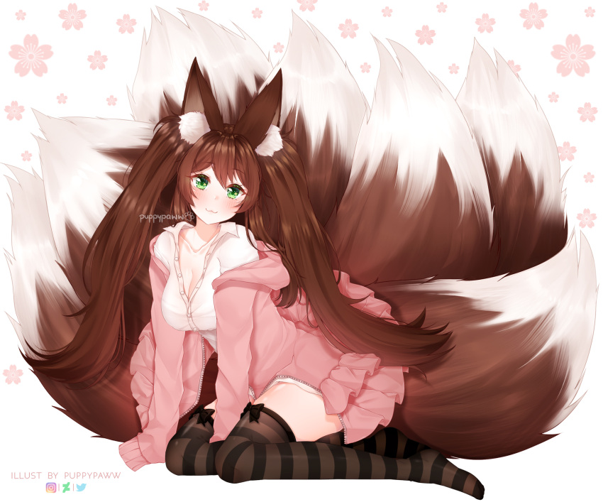 1girl :3 animal_ear_fluff animal_ears artist_name bangs black_bow black_legwear blush bow bow_legwear breasts brown_hair collarbone commentary commission deviantart_logo english_commentary eyebrows_visible_through_hair floral_print fox_ears fox_tail green_eyes highres instagram_logo jacket kyuubi large_breasts long_hair long_sleeves looking_at_viewer multiple_tails off-shoulder_jacket open_clothes open_jacket original pink_jacket pink_skirt puppypaww shirt skirt solo striped striped_legwear tail thigh-highs twintails twitter_logo white_shirt