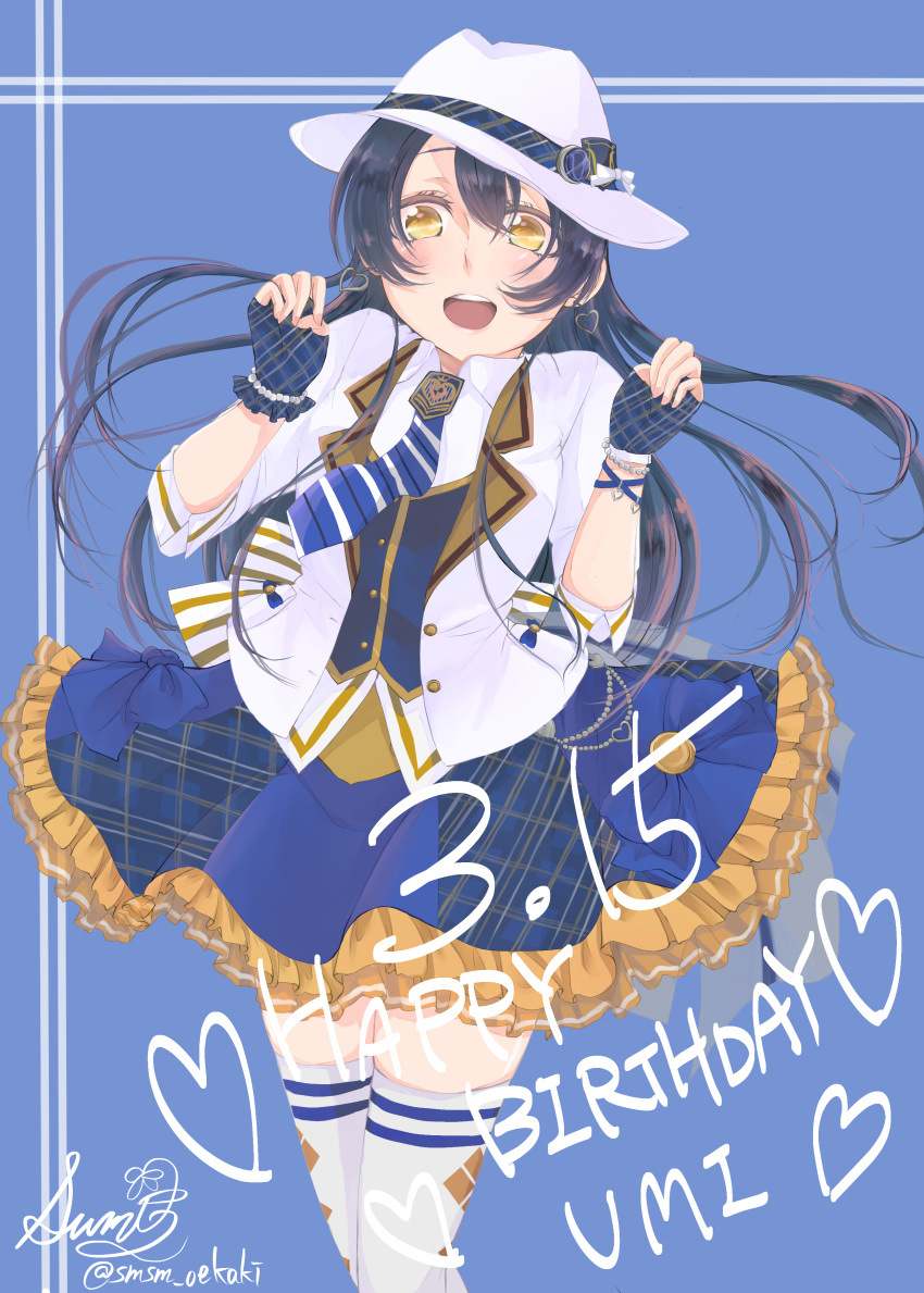 1girl absurdres arms_up bangs birthday blue_background blue_hair blush character_name commentary_request cowboy_shot dated earrings fingerless_gloves gloves hair_between_eyes happy_birthday hat highres jewelry long_hair looking_at_viewer love_live! love_live!_school_idol_festival love_live!_school_idol_project necktie open_mouth simple_background smile solo sonoda_umi sumire_(sumisumisan) thigh-highs white_legwear yellow_eyes