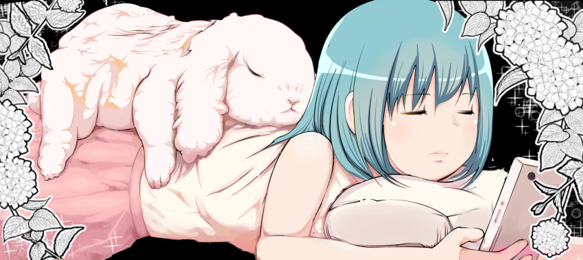 1girl absurdres amasuzume animal animal_on_back black_background blue_hair cellphone closed_eyes flower highres lying on_stomach original phone pillow pink_skirt rabbit short_hair skirt sleeping sleeveless smartphone solo