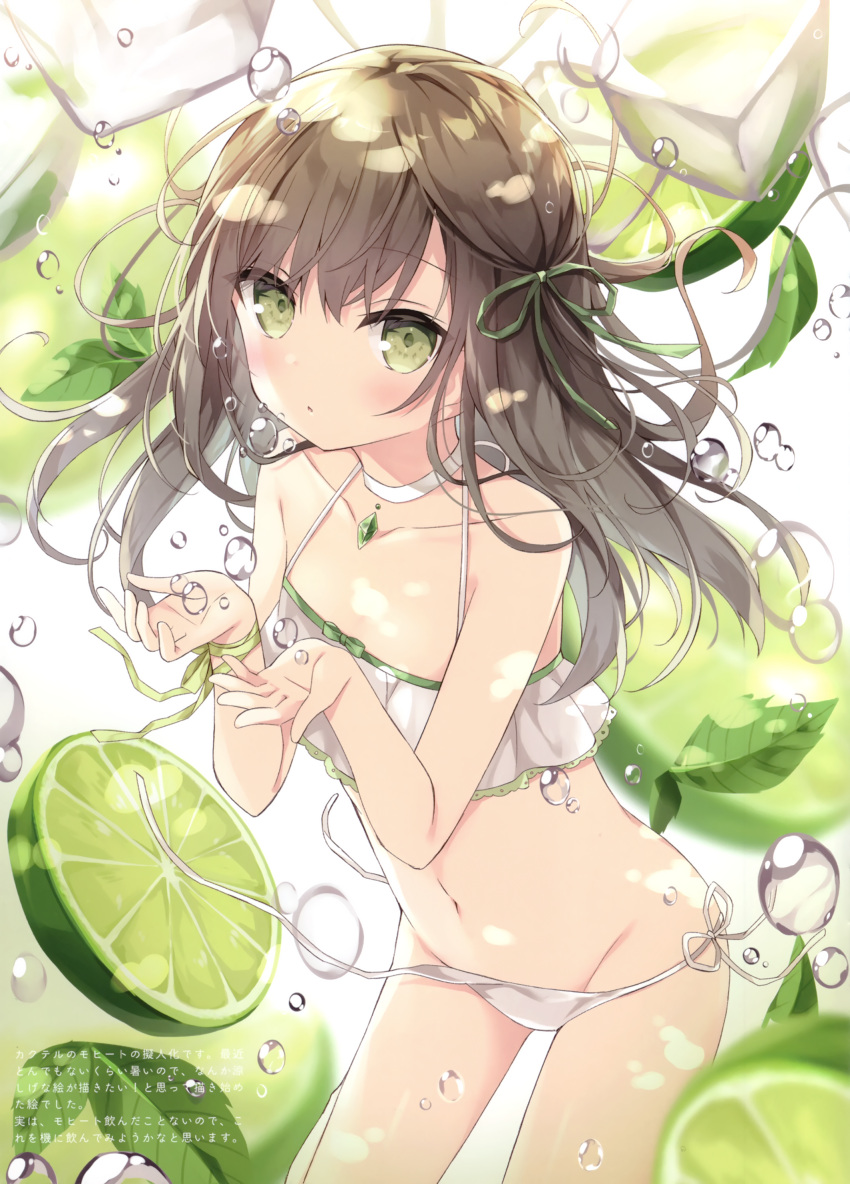 1girl absurdres bare_arms bare_shoulders bikini blurry blush brown_hair bubble choker closed_mouth collarbone cowboy_shot depth_of_field floating_hair food fruit green_eyes green_ribbon groin hair_ribbon halter_top halterneck highres hoshi_(snacherubi) ice ice_cube lime_(fruit) lime_slice long_hair looking_at_viewer navel original ribbon scan side-tie_bikini solo swimsuit untied white_bikini wrist_ribbon