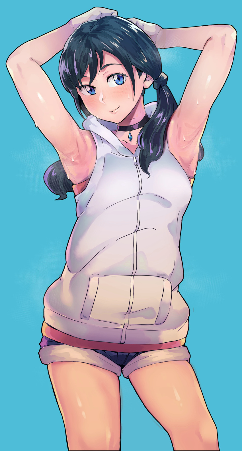 1girl absurdres amano_hina_(tenki_no_ko) armpits arms_behind_head arms_up black_choker black_hair blue_background blue_eyes choker commentary_request cowboy_shot denim denim_shorts head_tilt highres hood hooded_jacket jacket long_hair looking_at_viewer low_twintails shorts simple_background sleeveless sleeveless_jacket smile solo sonparesu sweat tenki_no_ko twintails