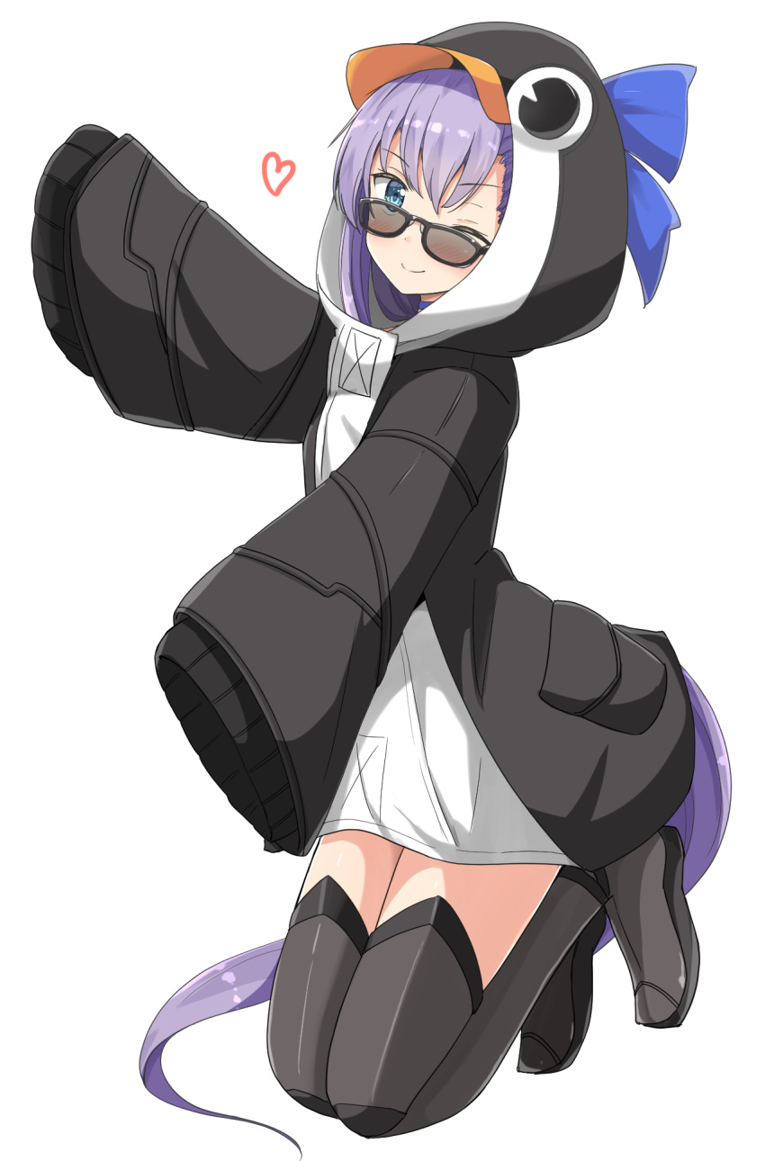 1girl aikawa_ryou animal_costume bangs black_jacket blue_eyes blue_ribbon blush commentary_request eyebrows_visible_through_hair fate/grand_order fate_(series) glasses heart highres hood hood_up jacket long_hair looking_at_viewer meltryllis meltryllis_(swimsuit_lancer)_(fate) penguin_costume purple_hair ribbon simple_background sleeves_past_fingers sleeves_past_wrists smile solo sunglasses very_long_hair white_background