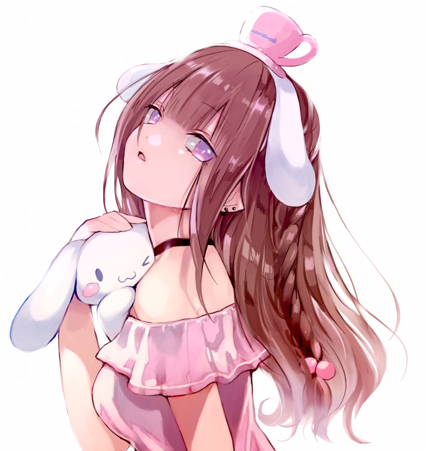 1girl black_choker braid brown_hair choker cinnamoroll cup earrings hair_ornament highres jewelry long_hair looking_at_viewer one_eye_closed original pink_shirt sanrio shaft_look shirt stuffed_toy upper_body violet_eyes white_background yukari_(rihenara_doll)