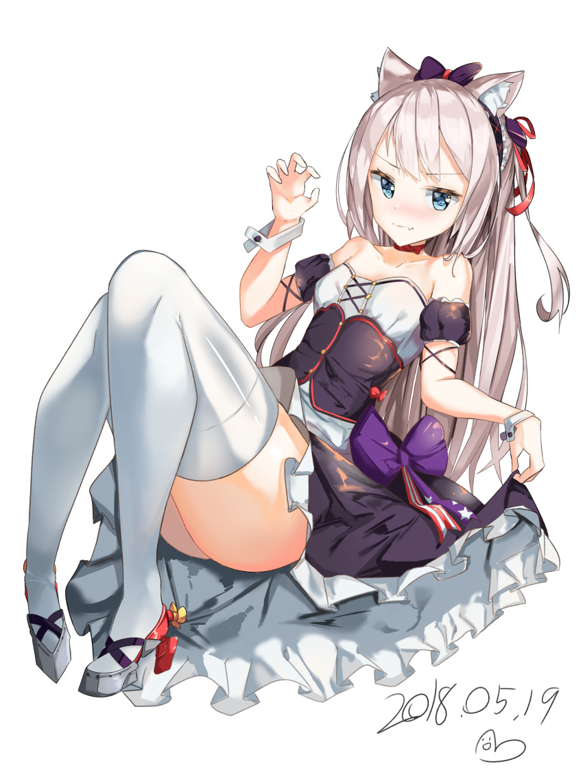1girl absurdres animal_ear_fluff animal_ears ass azur_lane bangs bare_shoulders black_bow blue_eyes blush bow breasts cat_ears collarbone commentary dated dress eyebrows_visible_through_hair fang hair_bow hair_ribbon hammann_(azur_lane) highres long_hair looking_at_viewer puffy_short_sleeves puffy_sleeves purple_bow ribbon shoes short_sleeves silver_hair simple_background skin_fang sog-igeobughae solo thigh-highs very_long_hair white_background white_legwear