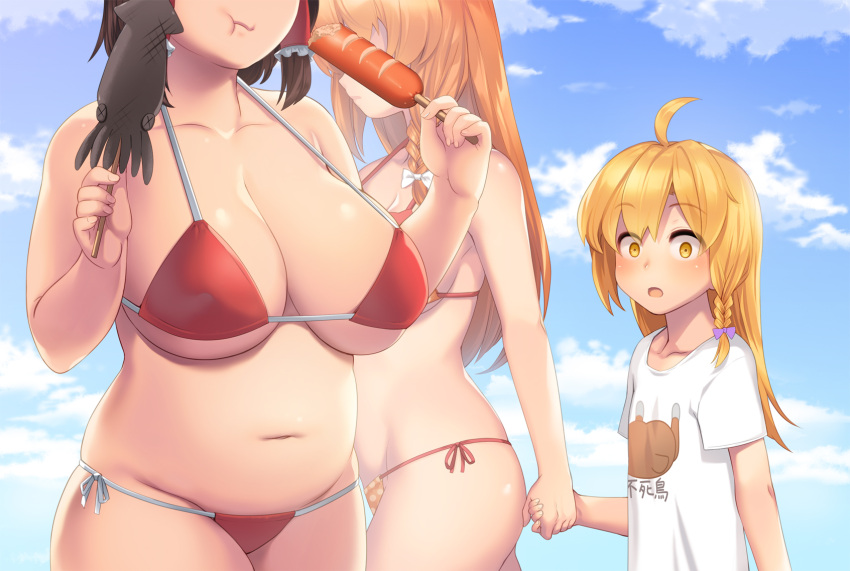 1boy 2girls :t ahoge bare_arms bare_shoulders bikini black_hair blonde_hair blue_sky blush bow braid breasts clothes_writing clouds collarbone commentary_request cookie_(touhou) cowboy_shot day fat food from_side genderswap genderswap_(ftm) groin hair_bow hair_tubes hakurei_reimu halterneck hands_up head_out_of_frame height_difference highres holding holding_food holding_hands ikayaki kirisame_marisa large_breasts looking_at_another multiple_girls no_hat no_headwear open_mouth orange_bikini orange_hair outdoors plump polka_dot profile purple_bow red_bikini rei_(cookie) reu sausage shirt short_sleeves side-tie_bikini sidelocks single_braid sky standing swimsuit t-shirt tarmo thighs touhou translated upper_body white_bow white_shirt x_x yellow_eyes