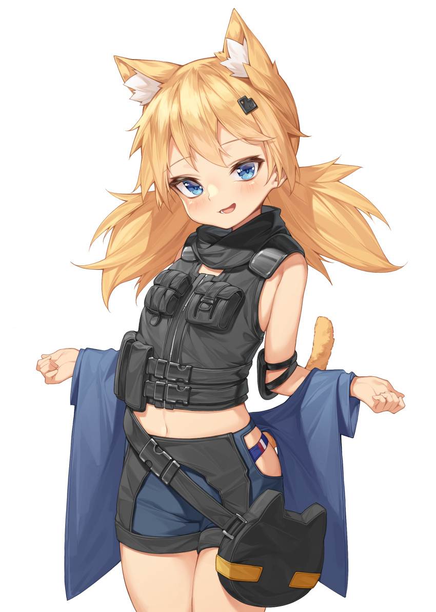 1girl absurdres animal_ear_fluff animal_ears bag bare_shoulders black_vest blonde_hair blue_eyes blue_panties blue_shorts cat_ears cat_girl cat_tail cowboy_shot extra_ears girls_frontline hair_ornament handbag highres hip_vent idw_(girls_frontline) long_hair looking_at_viewer midriff mokew navel open_mouth panties pouch short_shorts shorts shoulder_pads simple_background smile solo standing tail underwear vest white_background