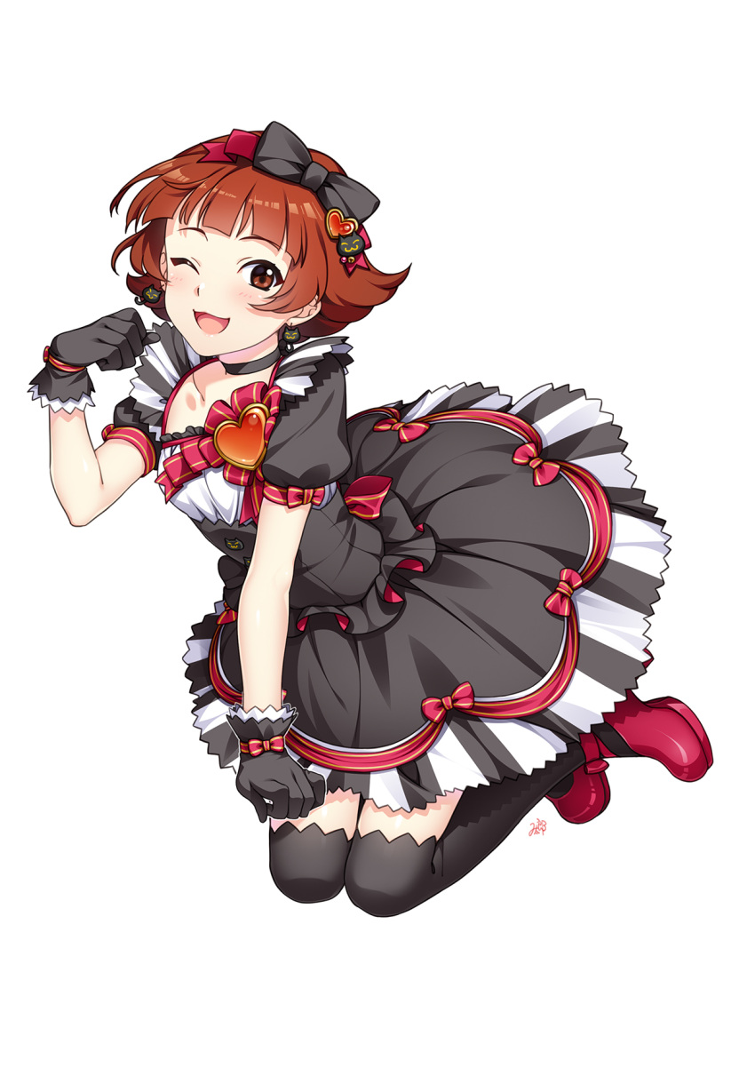 1girl black_bow black_choker black_dress black_gloves black_legwear bow brown_hair bubble_skirt cat_earrings choker collarbone dress full_body gloves hair_bow highres idolmaster idolmaster_million_live! looking_at_viewer mary_janes mikapoe nonohara_akane one_eye_closed puffy_short_sleeves puffy_sleeves red_eyes red_footwear shoes short_hair short_sleeves skirt solo thigh-highs white_background zettai_ryouiki