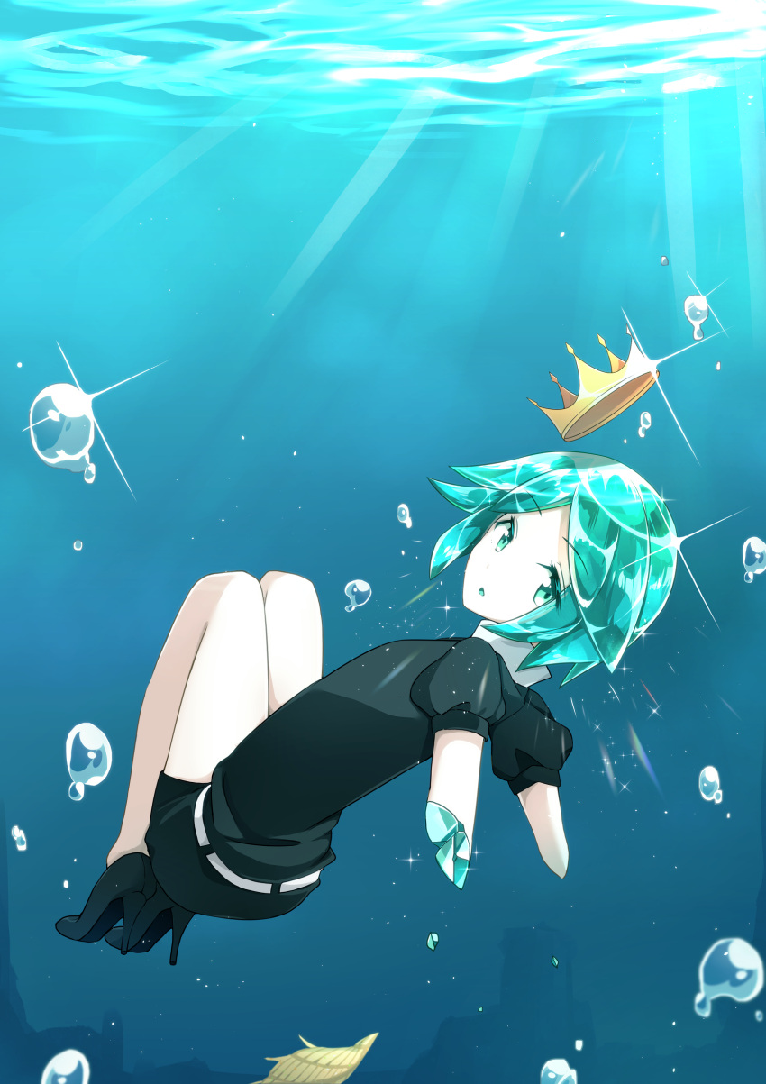 1other :o absurdres amputee aqua_eyes aqua_hair black_footwear bubble crown double_amputee eyebrows_visible_through_hair full_body gem_uniform_(houseki_no_kuni) high_heels highres houseki_no_kuni legs_together light_rays looking_at_viewer misoradeko phosphophyllite puffy_short_sleeves puffy_sleeves short_hair short_sleeves solo sparkle triangle_mouth underwater white_skin