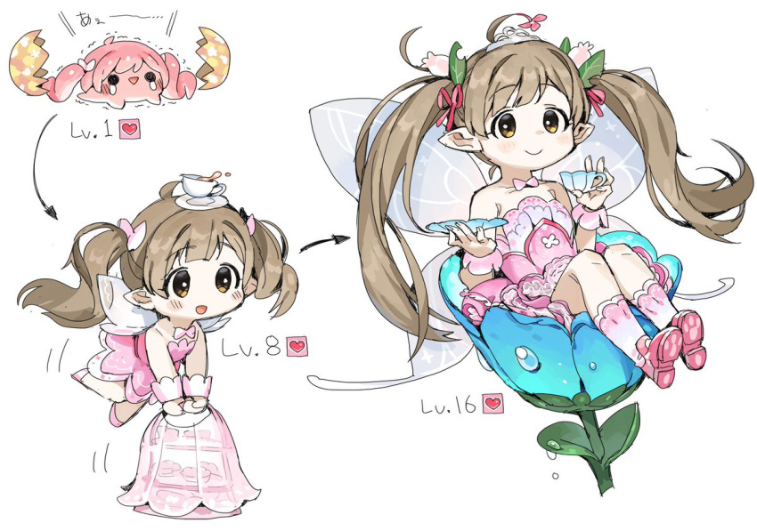 1girl ahoge bangs blush bow bowtie brown_eyes chibi cup dot_nose dress egg evolution eyebrows_visible_through_hair fairy fairy_wings flower flying full_body hair_bow hair_flower hair_ornament hakozaki_serika idolmaster idolmaster_million_live! no_nose on_flower pink_dress pink_footwear pink_neckwear pointy_ears sitting smile spawnfoxy teacup twintails white_background wings wrist_cuffs