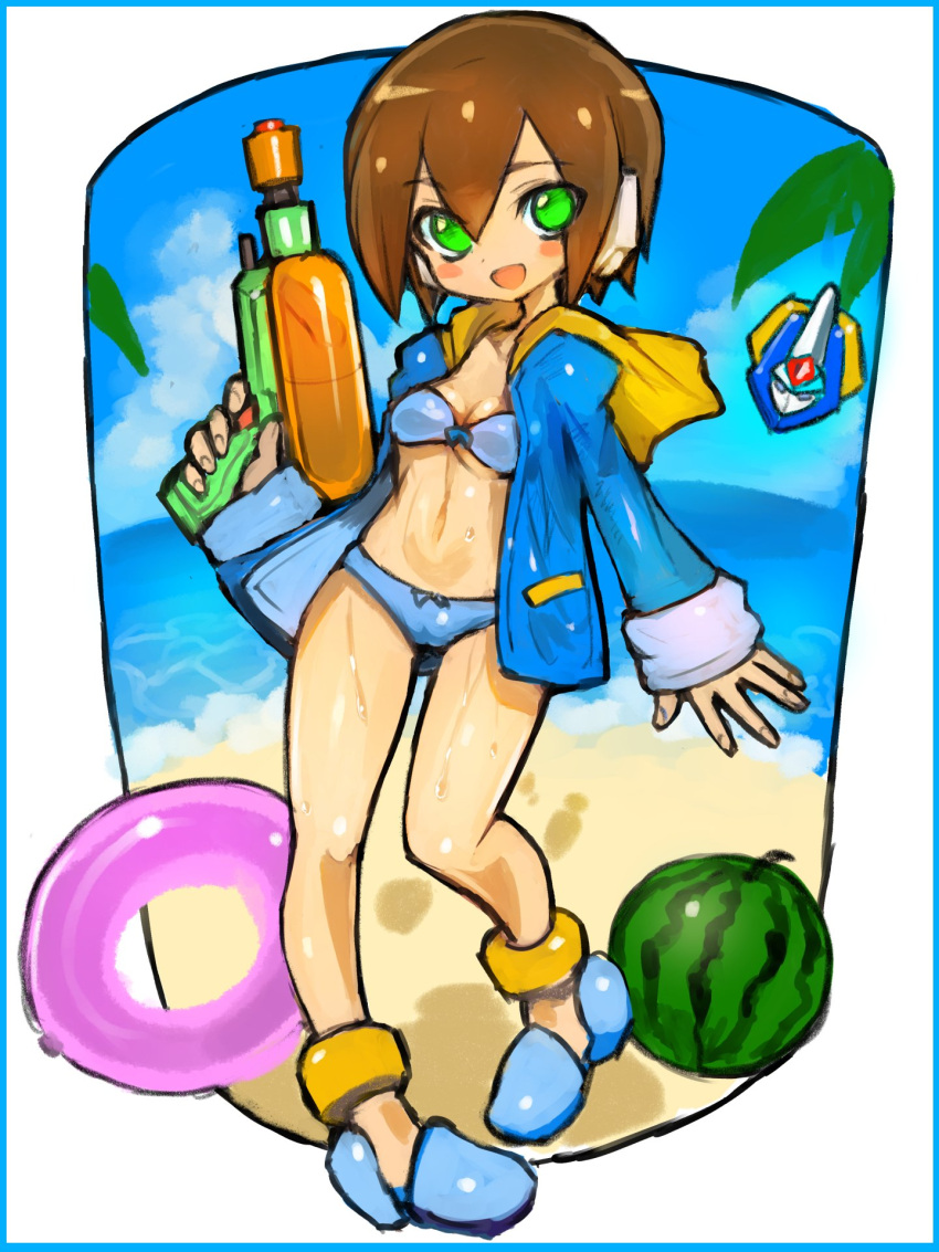 1girl aile alternate_costume bangs beach bikini blue_bikini blue_sky blush brown_hair clouds dakusuta food fruit full_body green_eyes hair_between_eyes highres holding_water_gun innertube livemetal open_mouth robot_ears rockman rockman_zx short_hair sky solo summer swimsuit water_gun watermelon