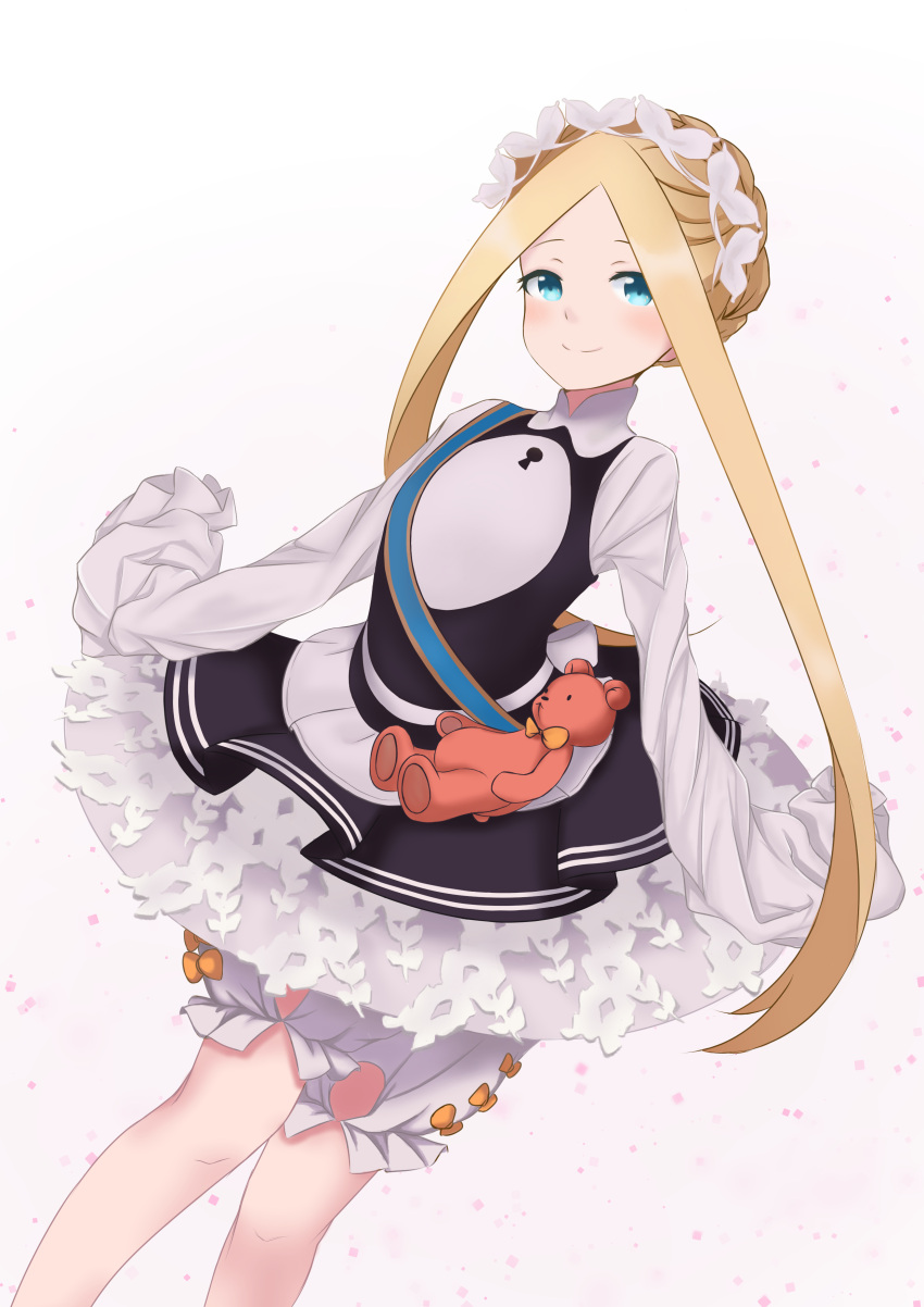 1girl abigail_williams_(fate/grand_order) absurdres bangs black_dress blonde_hair blue_eyes blush bow braid dress fate/grand_order fate_(series) feet_out_of_frame hair_ornament highres keyhole long_hair looking_at_viewer orange_bow parted_bangs sleeves_past_fingers sleeves_past_wrists smile solo stuffed_animal stuffed_toy suki2000510 teddy_bear white_bloomers white_dress