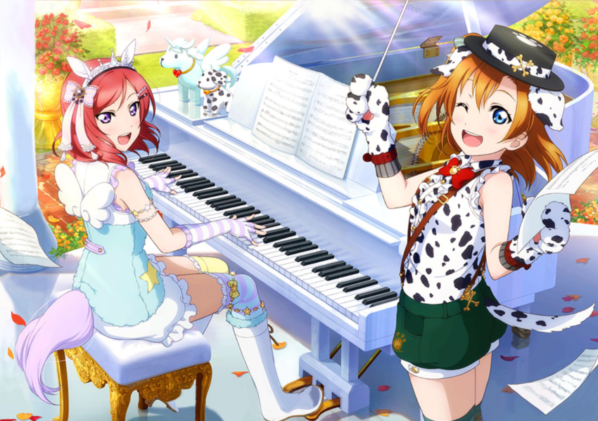 2girls animal_ears artist_request bare_shoulders blue_eyes blush boots bow dalmatian fingerless_gloves flower frills gloves hair_bow hat highres holding instrument kousaka_honoka leaf looking_at_viewer love_live! love_live!_school_idol_festival love_live!_school_idol_project mismatched_legwear multiple_girls music nishikino_maki official_art one_eye_closed one_side_up open_mouth orange_hair outdoors paw_gloves paws piano playing_instrument sheet_music short_hair shorts sitting sleeveless smile star suspenders tail thigh-highs unicorn violet_eyes wings