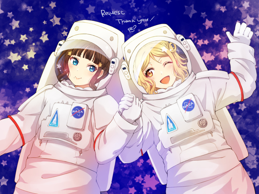 2girls astronaut black_hair blonde_hair blue_eyes blush closed_mouth english_text hair_rings heru_(totoben) holding_hands kurosawa_dia looking_at_another love_live! love_live!_sunshine!! mole mole_under_mouth multiple_girls nasa nasa_logo ohara_mari one_eye_closed open_mouth smile space spacesuit star upper_body yellow_eyes
