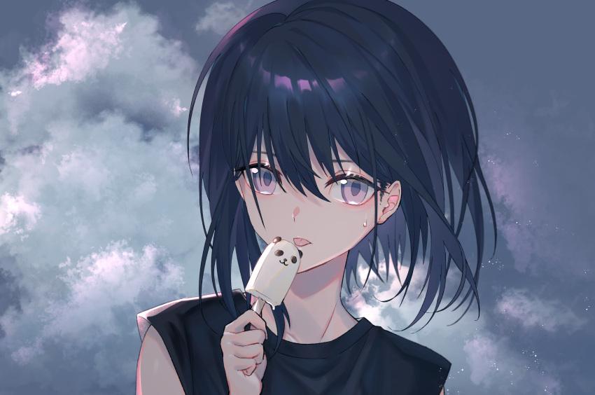1girl :p bangs black_hair black_shirt clouds cloudy_sky commentary english_commentary food hair_between_eyes haizome_senri highres holding holding_food looking_at_viewer original outdoors panda popsicle shirt short_hair sky sleeveless sleeveless_shirt solo sweat tongue tongue_out upper_body violet_eyes