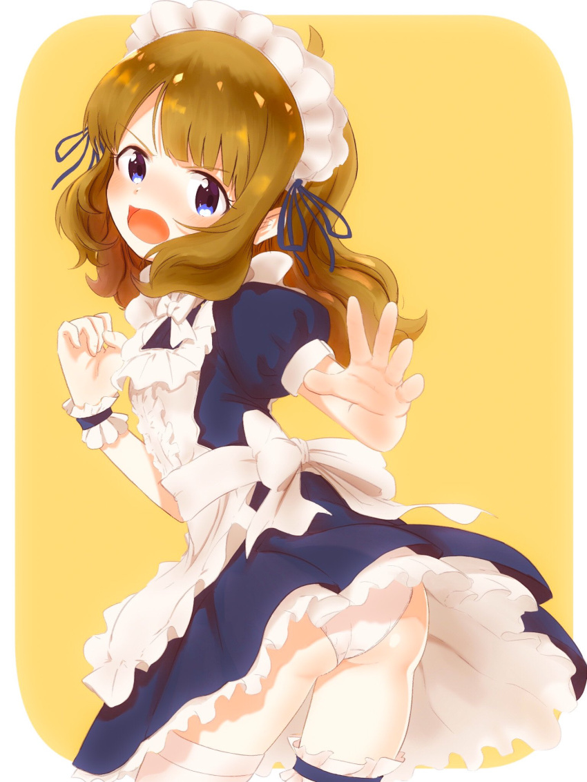 1girl apron blue_eyes brown_hair commentary_request frilled_apron frills hair_ribbon highres idolmaster idolmaster_million_live! looking_at_viewer looking_back maid maid_apron maid_day maid_headdress medium_hair open_mouth pachi_orca panties puffy_short_sleeves puffy_sleeves ribbon short_sleeves solo suou_momoko thigh-highs thigh_strap underwear white_apron white_legwear white_panties wrist_cuffs yellow_background