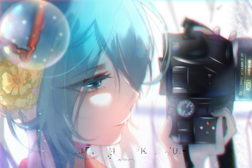 1girl absurdres aqua_eyes aqua_hair bloom blurry blurry_background bubble camera character_name chinese_commentary chromatic_aberration close-up commentary commentary_request eyelashes face flower hair_flower hair_ornament half-closed_eyes hatsune_miku highres holding holding_camera light_particles omone_hokoma_agm portrait product_placement profile smile solo twintails vocaloid