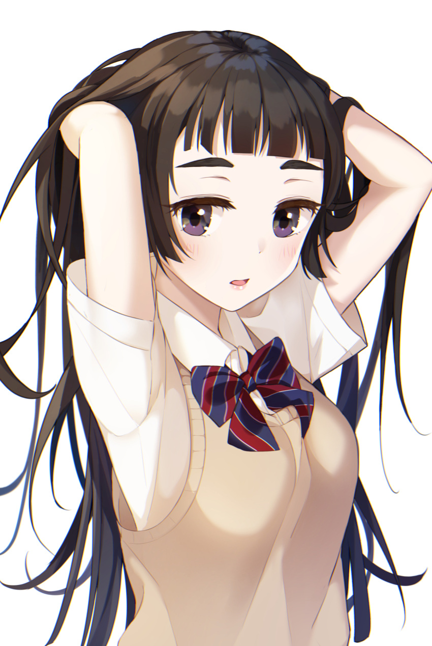 1girl arms_behind_head arms_up bangs blunt_bangs blush bow bowtie breasts brown_hair chromatic_aberration connie_(keean2019) dress_shirt hands_in_hair highres lips long_hair looking_at_viewer original parted_lips school_uniform shirt short_sleeves sidelocks simple_background solo striped striped_neckwear sweater_vest upper_body violet_eyes