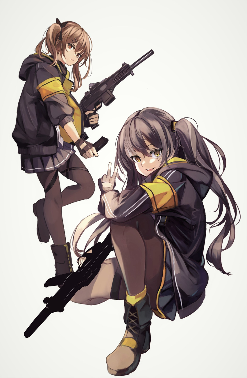 2girls armband bangs black_gloves black_jacket black_ribbon black_skirt boots brown_eyes brown_footwear brown_hair brown_legwear commentary_request dress_shirt eyebrows_visible_through_hair fingerless_gloves girls_frontline gloves grey_background gun h&amp;k_ump45 h&amp;k_ump9 hair_between_eyes hair_ornament hair_ribbon hairclip highres holding holding_gun holding_weapon homo_1121 hood hood_down hooded_jacket jacket long_hair long_sleeves multiple_girls object_namesake one_knee one_side_up pantyhose pleated_skirt puffy_long_sleeves puffy_sleeves ribbon shirt simple_background skirt standing standing_on_one_leg submachine_gun twintails ump45_(girls_frontline) ump9_(girls_frontline) very_long_hair weapon white_shirt