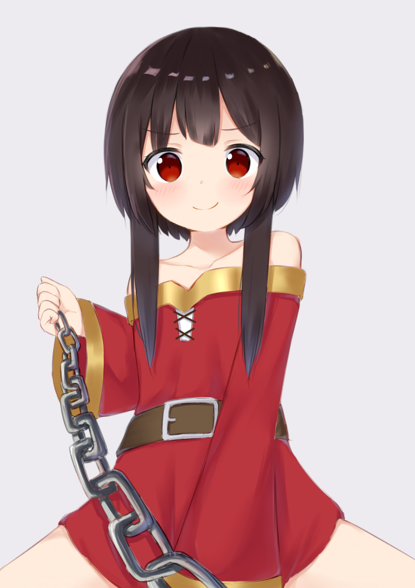 1girl bangs bare_shoulders belt black_hair blush brown_belt chain collarbone commentary_request dress highres holding_chain kake_kan kono_subarashii_sekai_ni_shukufuku_wo! looking_at_viewer megumin red_dress red_eyes sidelocks simple_background smile solo white_background