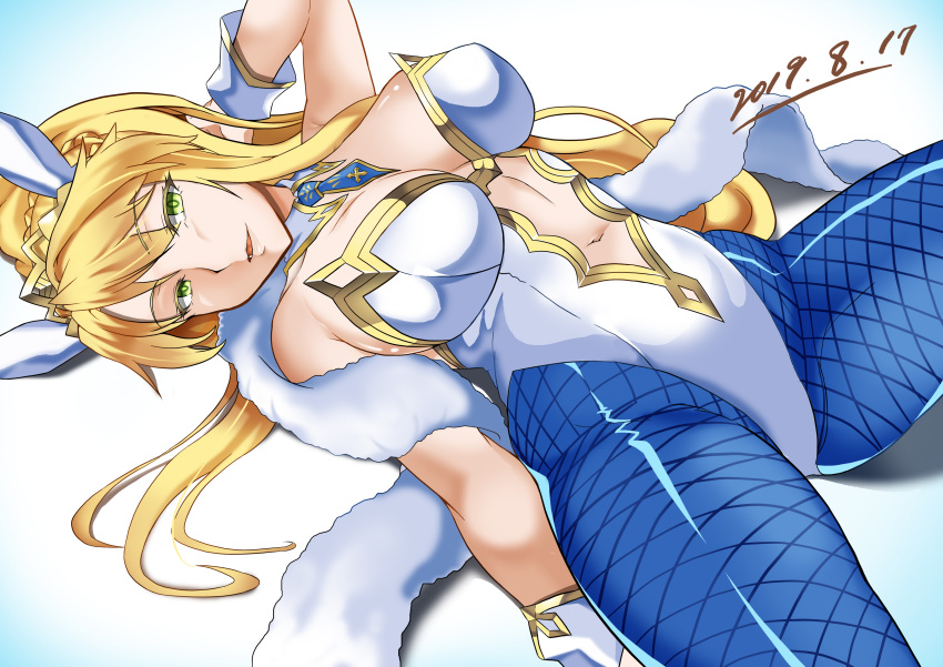 1girl absurdres animal_ears arm_behind_head artoria_pendragon_(all) artoria_pendragon_(lancer) bangs blonde_hair blue_legwear bunnysuit colored_eyelashes crown dated detached_collar eyebrows_visible_through_hair eyelashes fate/grand_order fate_(series) fishnet_pantyhose fishnets green_eyes highleg highleg_leotard highres leotard lips long_hair looking_at_viewer love-saber lying navel navel_cutout necktie necktie_on_head on_back open_mouth pantyhose ponytail rabbit_ears shawl shiny shiny_clothes sidelocks simple_background smile solo strapless strapless_leotard white_background white_leotard wrist_cuffs