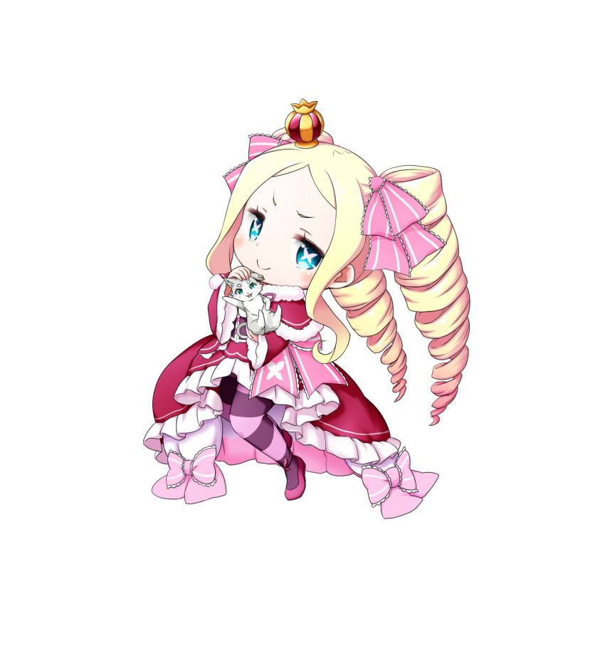 1girl animal bangs beatrice_(re:zero) blue_eyes blush bow butterfly-shaped_pupils capelet cat chibi closed_mouth crown dress drill_hair forehead frilled_dress frills fur-trimmed_capelet fur_trim hair_bow highres holding holding_animal kuena long_sleeves mini_crown pantyhose parted_bangs pink_bow puck_(re:zero) re:zero_kara_hajimeru_isekai_seikatsu red_capelet red_dress red_footwear shoes simple_background smile striped striped_bow striped_legwear tilted_headwear twin_drills twintails v-shaped_eyebrows white_background wide_sleeves