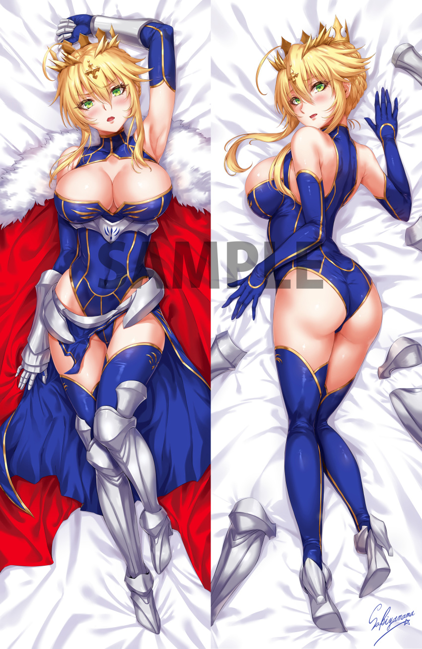 1girl absurdres ahoge arm_up armpits artoria_pendragon_(all) artoria_pendragon_(lancer) ass back bangs bare_shoulders blue_leotard blush boots braid breasts cape cleavage_cutout crown dakimakura fate/grand_order fate_(series) french_braid gauntlets greaves green_eyes hair_between_eyes highres knee_boots large_breasts legs leotard long_hair looking_at_viewer open_mouth sakiyamama sidelocks thighs
