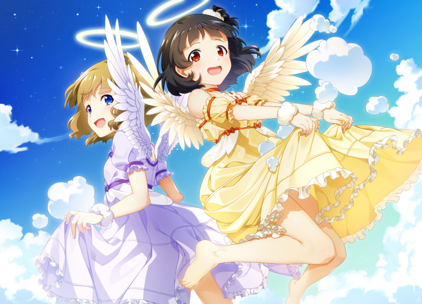 2girls angel_wings bangs bare_shoulders barefoot black_hair blue_eyes blue_sky blunt_bangs brown_hair choker clouds commentary_request dress dutch_angle frilled_dress frilled_skirt frills hair_ornament hair_scrunchie halo highres idolmaster idolmaster_million_live! mikapoe multiple_girls nakatani_iku open_mouth puffy_short_sleeves puffy_sleeves red_eyes scrunchie short_hair short_sleeves side_ponytail skirt sky suou_momoko white_dress wings wrist_cuffs yellow_dress