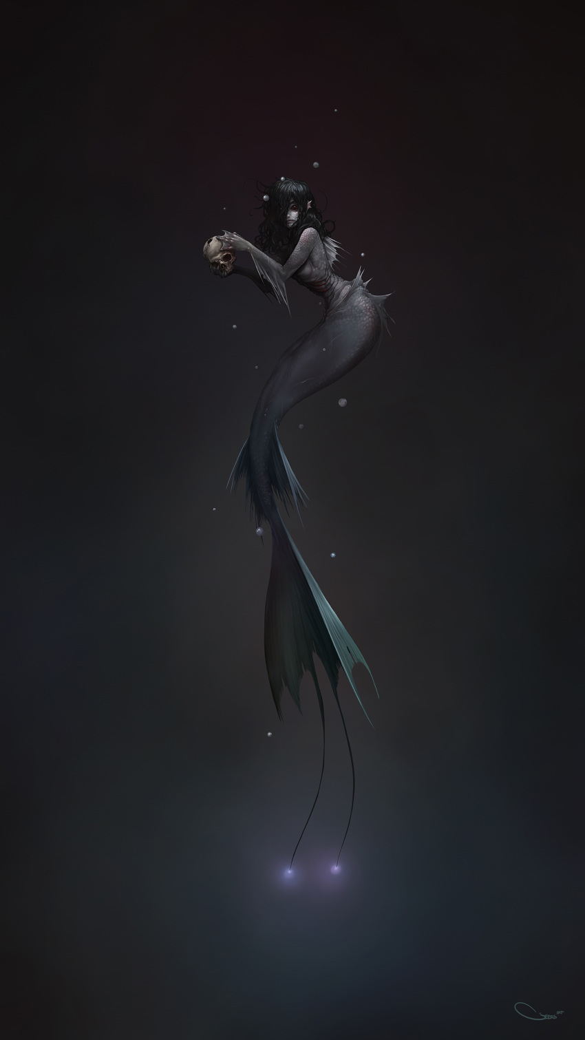 1girl absurdres anglerfish black_hair black_sclera darren_geers full_body gills glowing_tail grey_skin hair_over_one_eye head_fins highres holding_skull long_hair looking_at_viewer mermaid monster_girl monsterification no_pupils original personification scales skull solo webbed_hands