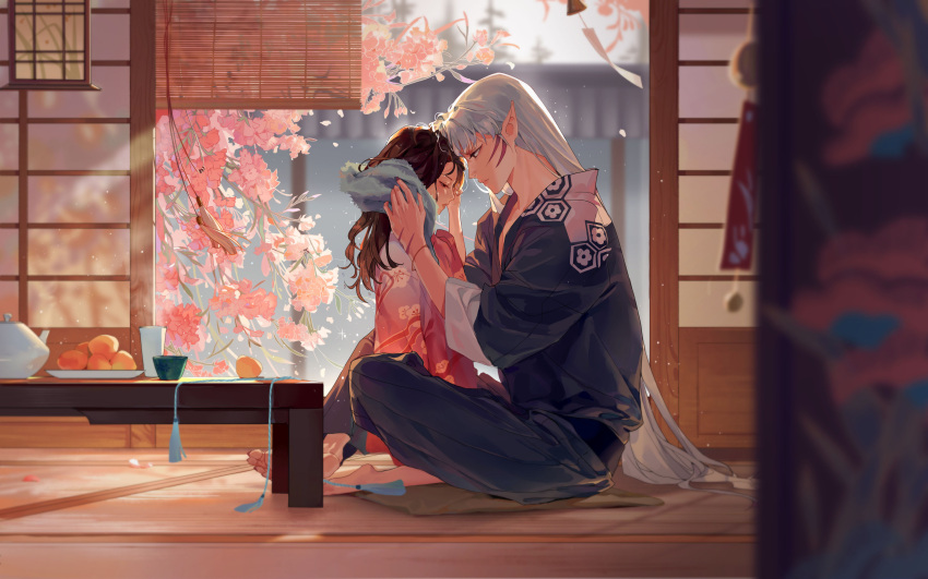 1boy 1girl absurdres barefoot blurry_foreground brown_hair facial_mark floral_print food forehead_mark fruit hexagon highres indoors inuyasha japanese_clothes kimono long_hair looking_at_another orange pink_kimono pointy_ears rin_(inuyasha) sesshoumaru silver_hair sitting sliding_doors table tatami teapot white_hair wind_chime