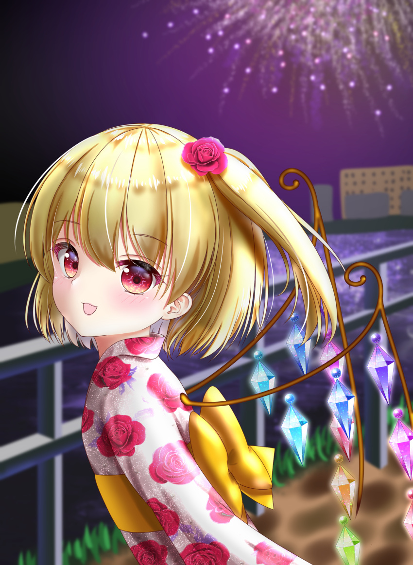 1girl :d absurdres alternate_costume blonde_hair blush bridge building commentary_request crystal eyebrows_visible_through_hair fireworks flandre_scarlet flat_chest floral_print flower hair_between_eyes hair_flower hair_ornament highres japanese_clothes kimono leaning_forward looking_at_viewer night no_hat no_headwear nyanyanoruru obi open_mouth outdoors red_eyes red_flower red_rose rose rose_print sash shiny shiny_hair short_hair side_ponytail smile solo standing touhou upper_body water wings yukata