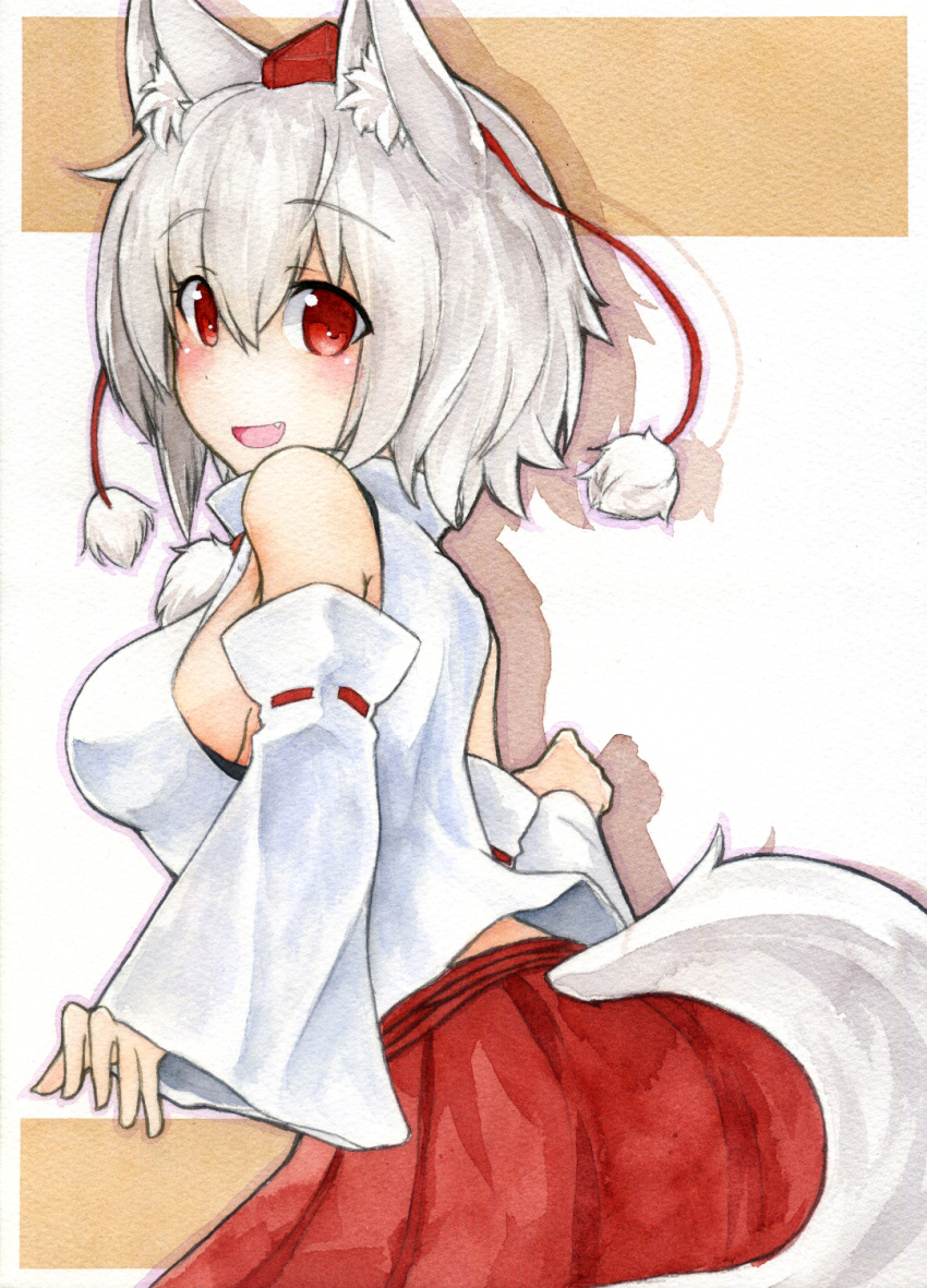 1girl animal_ears bare_shoulders breasts colored_pencil_(medium) detached_sleeves exlay1 fang graphite_(medium) hat highres inubashiri_momiji large_breasts looking_at_viewer looking_back open_mouth pom_pom_(clothes) red_eyes red_skirt ribbon-trimmed_sleeves ribbon_trim shirt short_hair sideboob silver_hair skirt sleeveless sleeveless_shirt smile solo tail tokin_hat touhou traditional_media turtleneck watercolor_(medium) white_shirt wide_sleeves wolf_ears wolf_tail