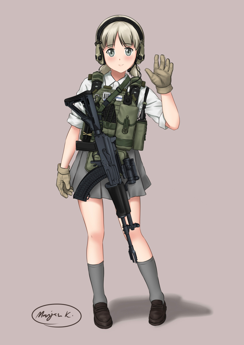 1girl absurdres aki_(girls_und_panzer) ammunition_pouch assault_rifle brown_footwear bulletproof_vest commentary emblem english_commentary full_body girls_und_panzer gloves green_eyes green_gloves grey_background grey_legwear grey_skirt gun headphones highres keizoku_(emblem) light_brown_hair load_bearing_vest loafers magazine_(weapon) millimeter miniskirt pleated_skirt pouch rifle scope shirt shoes short_hair short_sleeves short_twintails simple_background skirt socks solo twintails weapon white_shirt