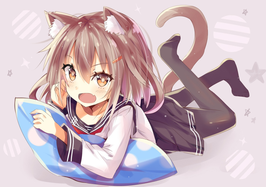 1girl :d animal_ear_fluff animal_ears bangs black_legwear black_sailor_collar black_skirt blush brown_eyes brown_hair cat_ears cat_girl cat_tail collarbone commentary_request eyebrows_visible_through_hair fang fingernails full_body hair_between_eyes hair_ornament hairclip hand_up highres hizaka ikazuchi_(kantai_collection) kantai_collection kemonomimi_mode leg_up long_hair long_sleeves looking_at_viewer lying no_shoes on_stomach open_mouth pantyhose pillow pleated_skirt polka_dot sailor_collar school_uniform serafuku shirt skirt smile soles solo star tail tail_raised white_shirt