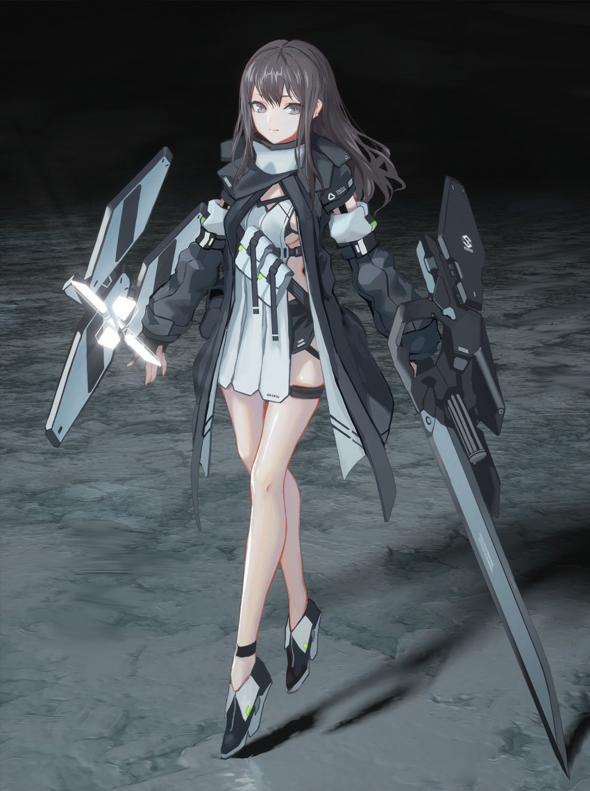 1girl bangs bikini_top black_eyes black_hair cancell dark_background detached_sleeves earrings full_body high_collar high_heels highres jacket jewelry long_hair looking_at_viewer mecha_musume open_clothes open_jacket original science_fiction solo sword thigh_strap weapon