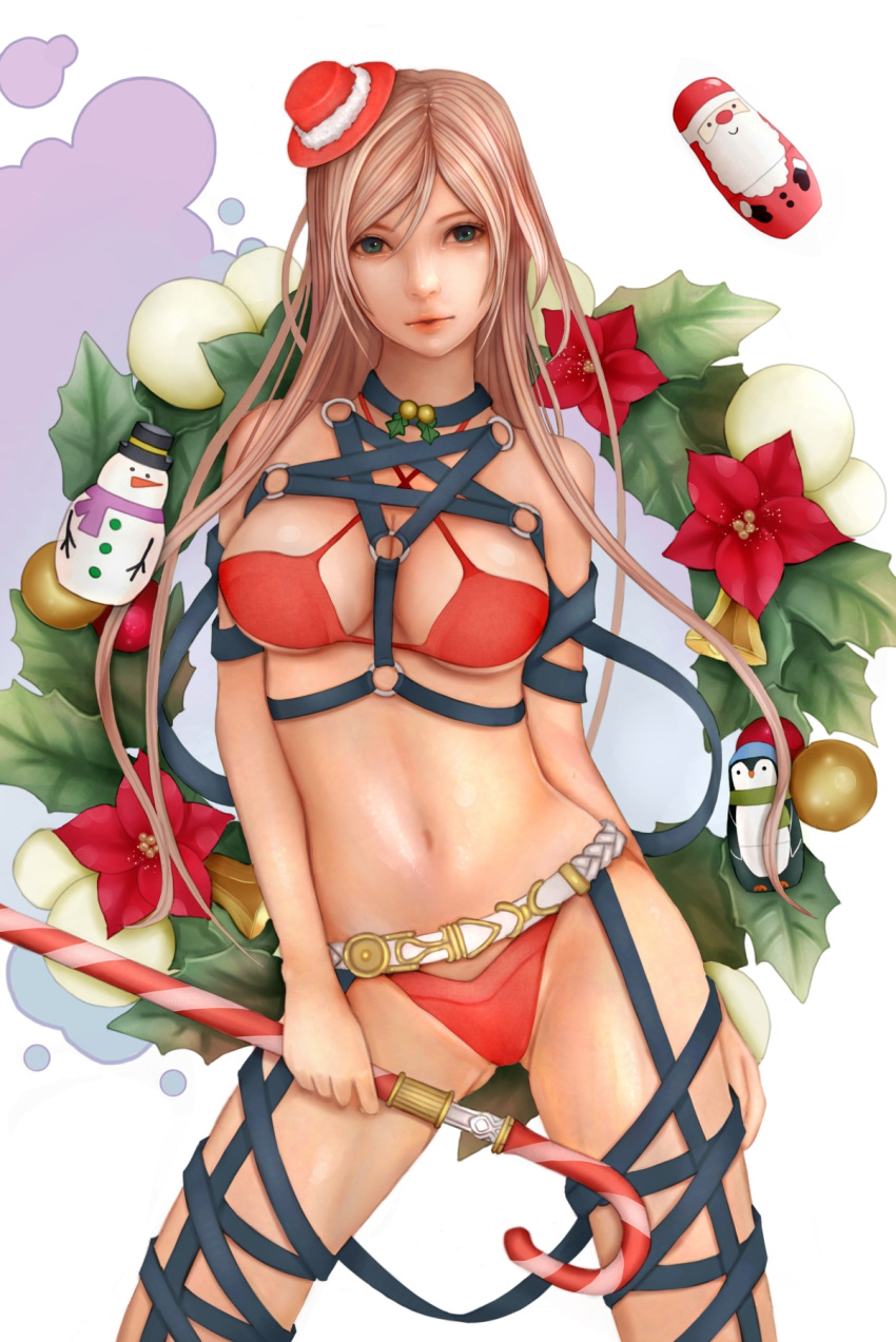 1girl bikini blonde_hair blue_eyes breasts candy candy_cane christmas food hat highres long_hair medium_breasts navel original pop721119 red_bikini solo swimsuit very_long_hair