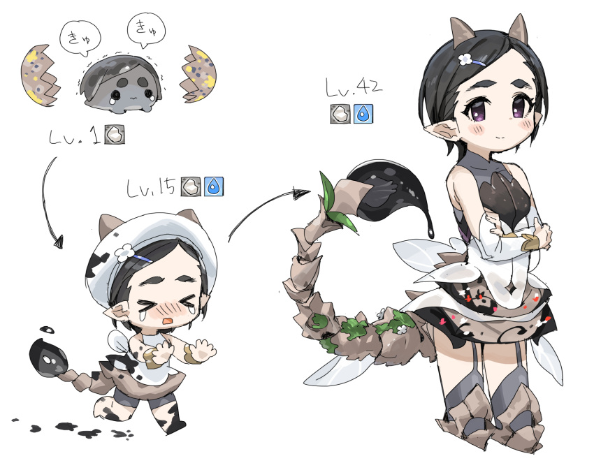 &gt;_&lt; 1girl bare_shoulders beret black_hair blush breasts brush calligraphy_brush chibi cropped_legs crossed_arms crying detached_sleeves dot_nose dress egg evolution flower garter_straps grey_legwear hair_flower hair_ornament hairclip hat highres idolmaster idolmaster_cinderella_girls looking_at_viewer matsuo_chizuru no_nose nose_blush paintbrush pointy_ears scorpion_tail short_dress short_eyebrows short_hair small_breasts smile spawnfoxy tail thick_eyebrows thigh-highs violet_eyes white_background white_dress