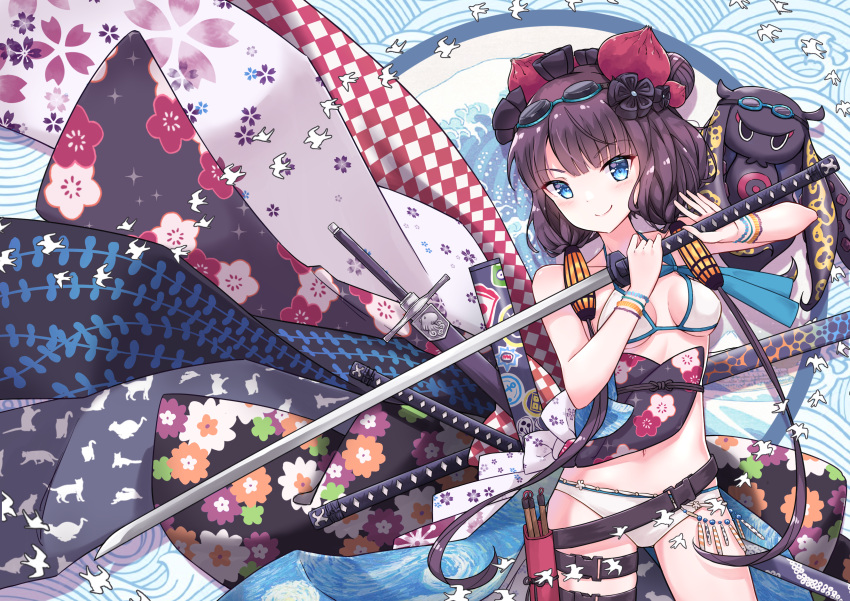 1girl absurdres animal_print bangs bare_shoulders belt bikini bird_print blue_eyes blush bracelet breasts eyebrows_visible_through_hair fate/grand_order fate_(series) floral_print flower goggles goggles_on_head hair_flower hair_ornament highres holding holding_sword holding_weapon jewelry katana katsushika_hokusai_(fate/grand_order) katsushika_hokusai_(swimsuit_saber)_(fate) looking_at_viewer medium_breasts navel octopus profnote purple_hair short_hair solo swimsuit sword tagme weapon white_bikini