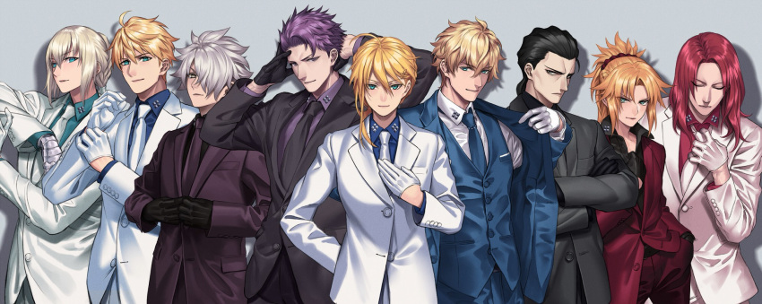 1girl 1other agravain_(fate/grand_order) ambiguous_gender arthur_pendragon_(fate) artoria_pendragon_(all) bangs bedivere black_gloves black_hair blonde_hair blue_eyes braid cape closed_eyes eyebrows_visible_through_hair fate/grand_order fate_(series) formal galahad_(fate) gauntlets gawain_(fate/extra) gloves green_eyes grey_hair hair_between_eyes hair_ornament hair_over_one_eye hair_scrunchie highres knights_of_the_round_table_(fate) lancelot_(fate/grand_order) long_hair long_sleeves looking_at_viewer mordred_(fate)_(all) multiple_boys necktie ponytail purple_hair redhead scrunchie smile sora_yoshitake_yuda suit tristan_(fate/grand_order) white_gloves yellow_eyes