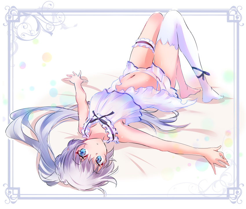 1girl bare_arms bare_shoulders bed black_ribbon blue_eyes collarbone commentary_request facial_scar highres iesupa long_hair looking_at_viewer lying midriff navel on_back ponytail ribbon rwby scar scar_across_eye single_garter single_thighhigh sleepwear solo thigh-highs translucent weiss_schnee white_hair white_legwear