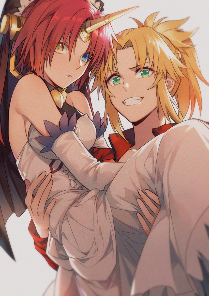2girls :d absurdres bangs bare_shoulders blonde_hair blue_eyes breasts carrying detached_sleeves dress eyebrows_visible_through_hair fate/grand_order fate_(series) frankenstein's_monster_(fate) green_eyes grey_background grin headgear heterochromia highres horns long_hair looking_at_viewer medium_breasts mordred_(fate) mordred_(fate)_(all) multiple_girls open_mouth parted_bangs parted_lips pink_hair ponytail princess_carry short_hair sidelocks simple_background smile teeth v-shaped_eyebrows white_dress yellow_eyes yorukun yuri