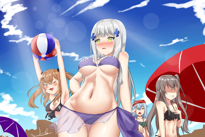 &gt;_&lt; :3 absurdres anger_vein angry armpits ball bangs bare_legs bare_shoulders beach beach_umbrella beachball bikini black_bikini black_ribbon blush breasts brown_hair clear_sky clenched_teeth closed_eyes clouds commentary_request eyebrows_visible_through_hair frustrated g11_(girls_frontline) girls_frontline green_bikini green_eyes grey_eyes grey_hair hair_ornament hair_over_shoulder hair_ribbon hairclip hand_on_own_chest hand_on_own_head headband highres hk416_(girls_frontline) holding holding_ball hoppo large_breasts looking_at_viewer medium_breasts messy_hair navel one_eye_closed open_mouth ponytail purple_bikini purple_umbrella red_headband red_umbrella ribbon running scar scar_across_eye shiny shiny_hair shiny_skin side-tie_bikini side_ponytail sidelocks silver_hair sky sleepy small_breasts smile stomach swimsuit tagme teeth thighs twintails umbrella ump45_(girls_frontline) ump9_(girls_frontline) yawning