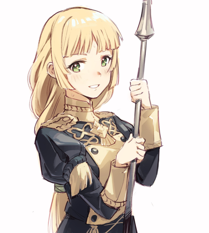 1girl blonde_hair fire_emblem fire_emblem:_three_houses green_eyes highres holding holding_weapon ingrid_brandol_galatea long_hair long_sleeves parted_lips polearm simple_background solo tugo uniform upper_body weapon white_background