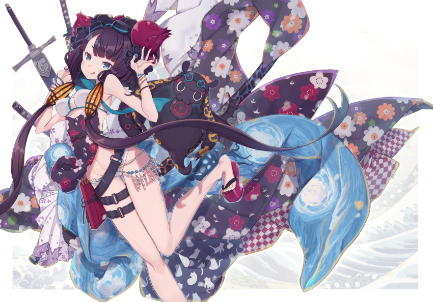 1girl :q bangs bikini blue_eyes bracelet fate/grand_order fate_(series) floral_print goggles goggles_on_head hair_ornament heel-less_platform_footwear highres jewelry katana katsushika_hokusai_(swimsuit_saber)_(fate) looking_at_viewer navel platform_footwear purple_hair sandals sheath sheathed simple_background swimsuit sword thigh_strap tokitarou_(fate/grand_order) tongue tongue_out totatokeke weapon white_background white_bikini