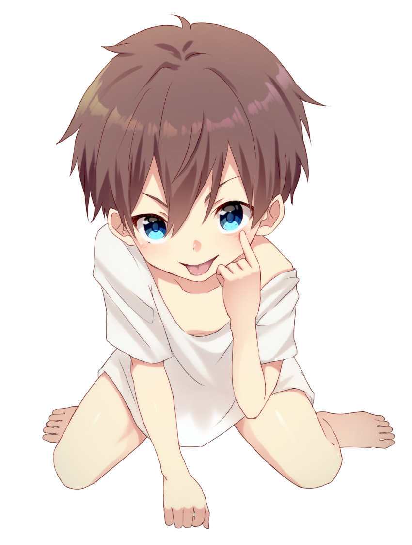 1boy :p barefoot blue_eyes brown_hair feet hair_between_eyes highres looking_at_viewer male_focus naked_shirt original ronba1125 shirt simple_background sitting smile solo tongue tongue_out wariza white_background