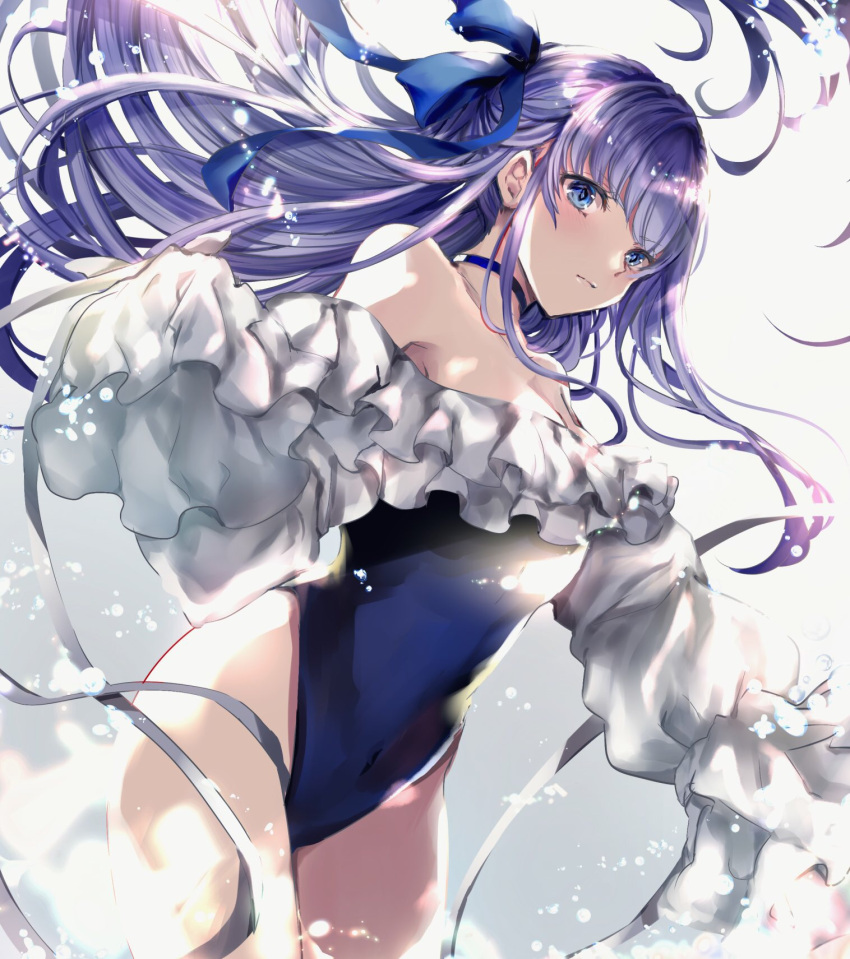 1girl bare_shoulders blue_eyes blue_ribbon blue_swimsuit choker closed_mouth covered_navel cowboy_shot fate/grand_order fate_(series) floating_hair frills grey_ribbon hair_ribbon highres hinahino long_hair long_sleeves looking_at_viewer meltryllis meltryllis_(swimsuit_lancer)_(fate) off_shoulder one-piece_swimsuit puffy_sleeves purple_hair ribbon sidelocks sleeves_past_fingers sleeves_past_wrists solo swimsuit thighs