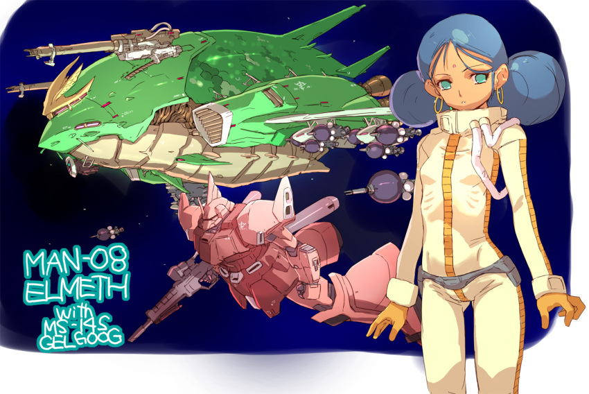 1girl beam_cannon beam_rifle bit_(gundam) blue_hair bodysuit breasts character_name commentary_request double_bun earrings elmeth energy_gun gelgoog_s_char_custom green_eyes gundam hoop_earrings jewelry lalah_sune mamecchi mecha mobile_suit_gundam skin_tight small_breasts space weapon