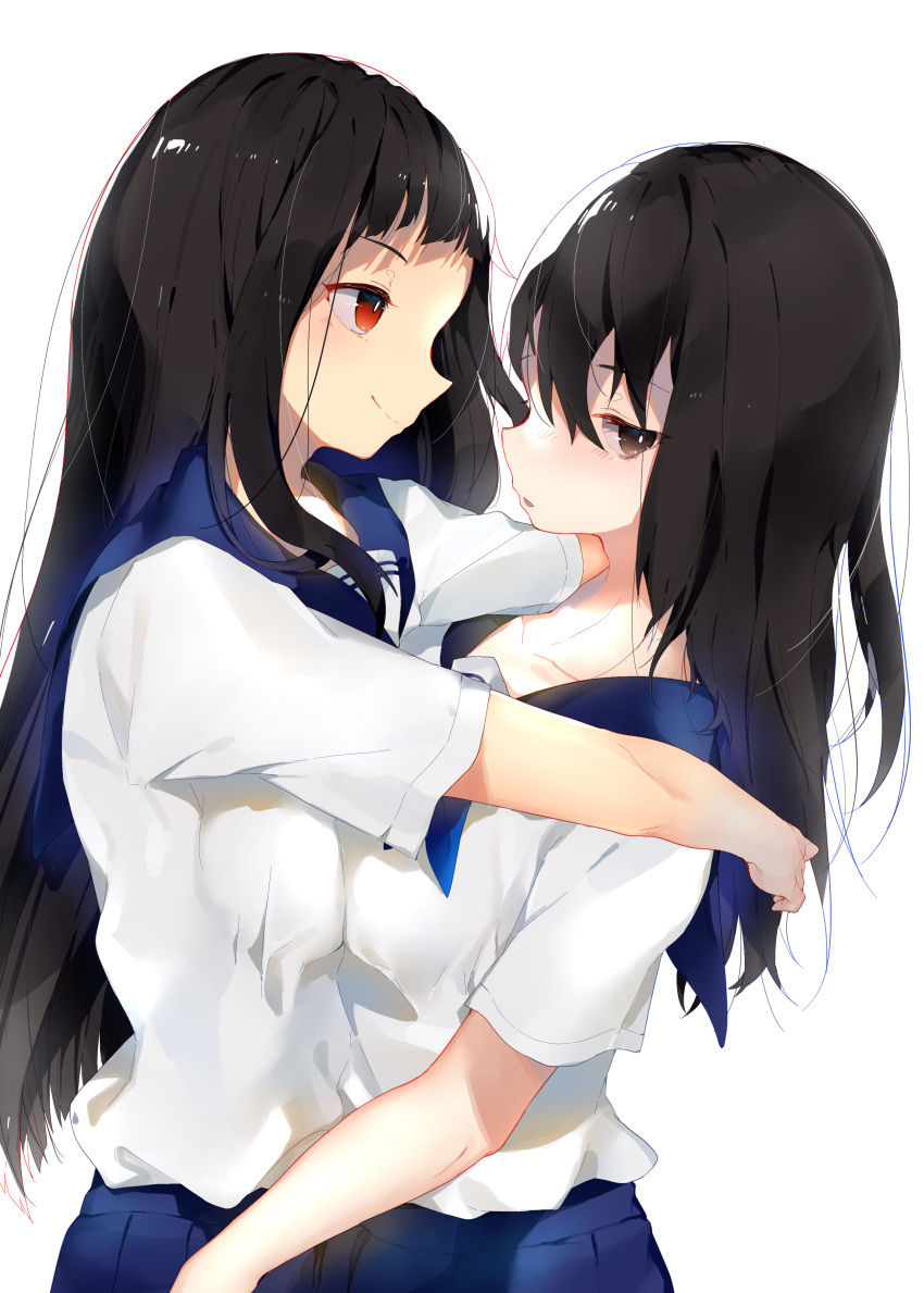 2girls absurdres asymmetrical_docking black_eyes black_hair blue_skirt breast_press brown_eyes hair_between_eyes highres hug long_hair multiple_girls original sasahara_taruto school_uniform serafuku shirt short_sleeves simple_background skirt smile standing very_long_hair white_background white_shirt