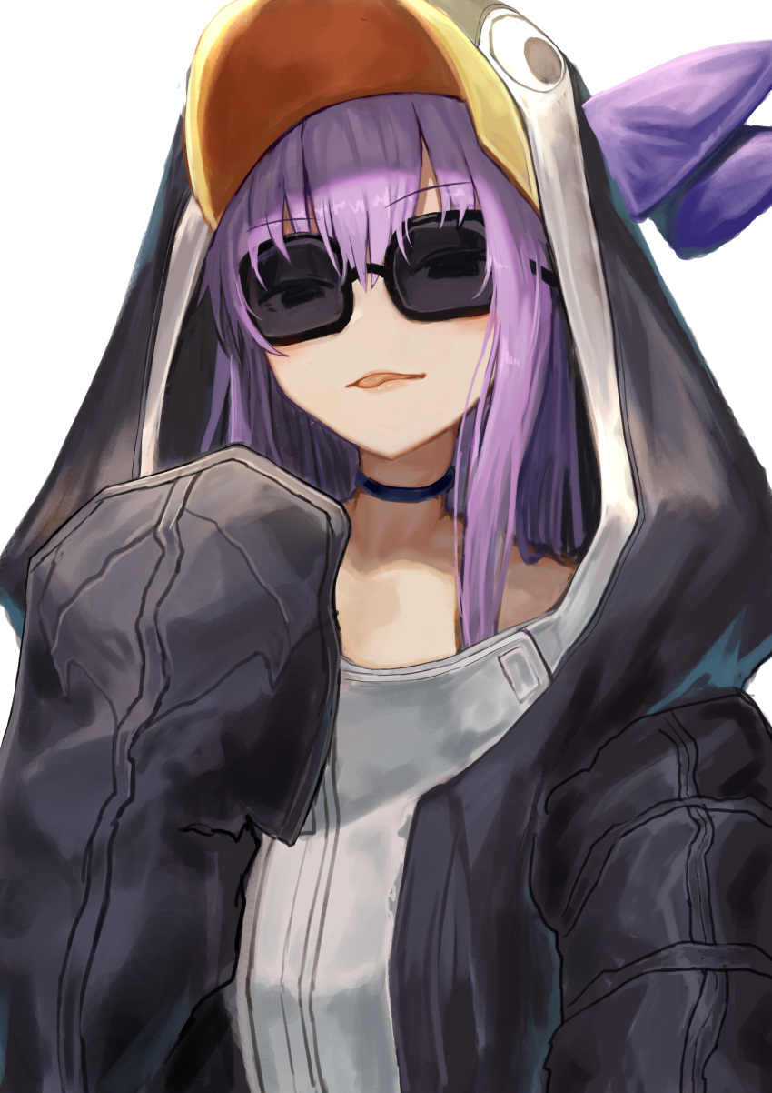 1girl :p absurdres bow bowtie choker fate/grand_order fate_(series) highres hoshibudou long_hair long_sleeves looking_at_viewer meltryllis meltryllis_(swimsuit_lancer)_(fate) penguin_hood purple_bow purple_hair simple_background solo sunglasses tongue tongue_out white_background