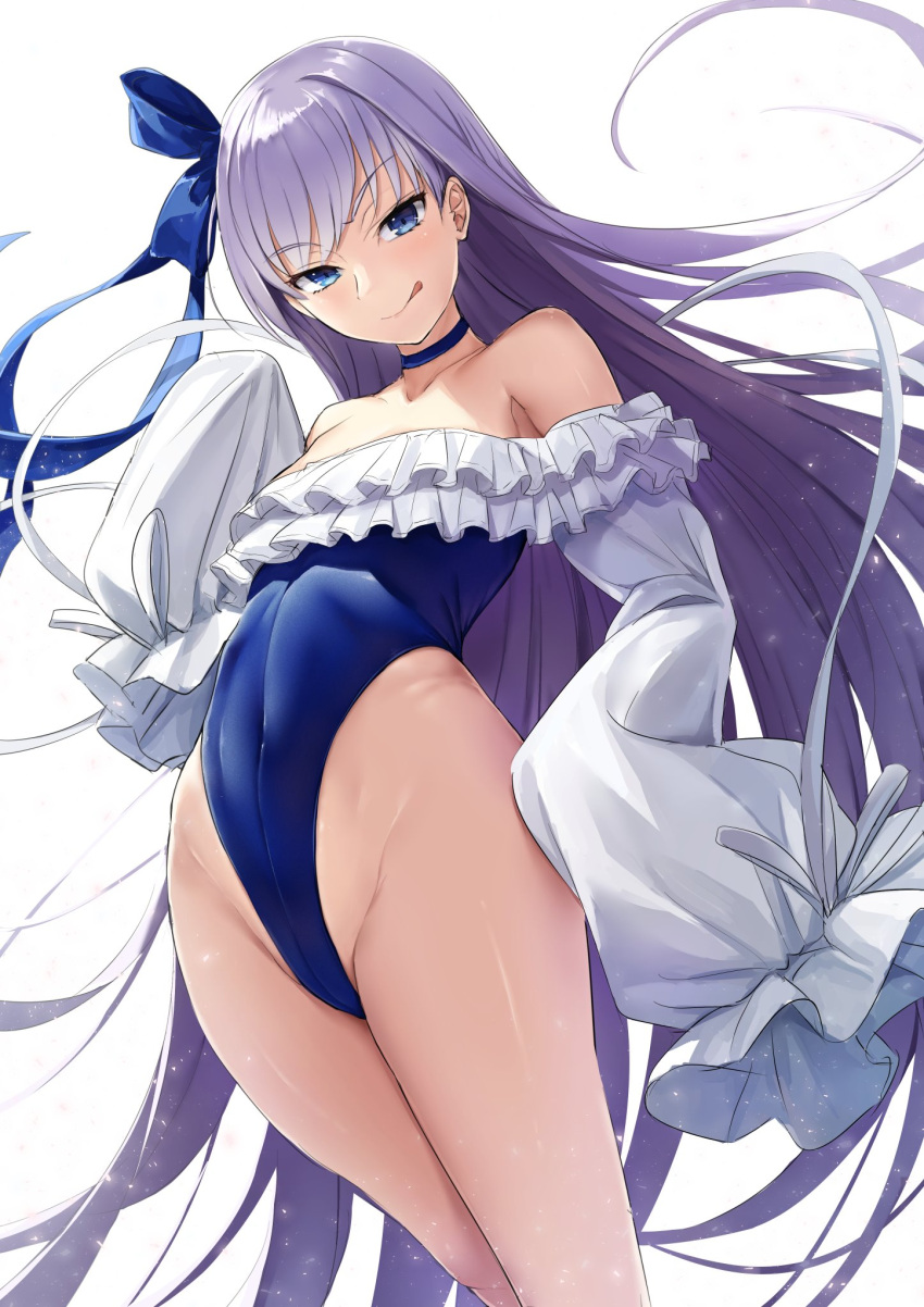 1girl akita_hika bangs bare_shoulders blue_eyes blue_ribbon blue_swimsuit blush breasts choker closed_mouth collarbone covered_navel fate/grand_order fate_(series) frills hair_between_eyes highleg highleg_swimsuit highres licking_lips long_hair long_sleeves looking_at_viewer meltryllis meltryllis_(swimsuit_lancer)_(fate) one-piece_swimsuit puffy_sleeves purple_hair ribbon simple_background small_breasts smile solo swimsuit thighs tongue tongue_out very_long_hair white_background